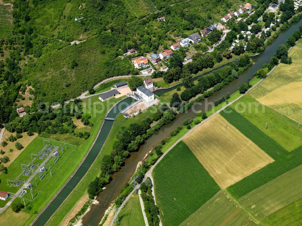 Tübingen from above - Structure and dams of the waterworks and hydroelectric power plant on the course of the river Neckar on street Rappenberghalde in Tuebingen in the state Baden-Wuerttemberg, Germany