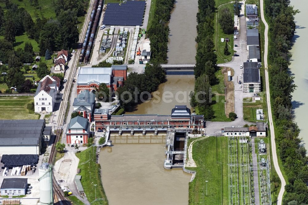 Gersthofen from above - Structure and dams of the waterworks and hydroelectric power plant in Gersthofen in the state Bavaria, Germany