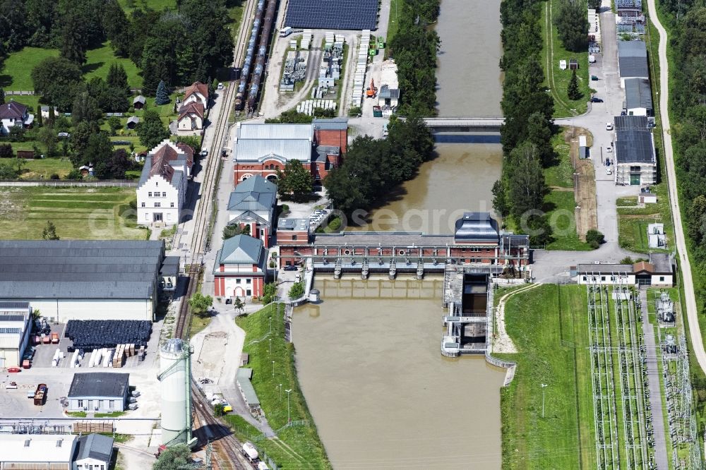 Gersthofen from the bird's eye view: Structure and dams of the waterworks and hydroelectric power plant in Gersthofen in the state Bavaria, Germany