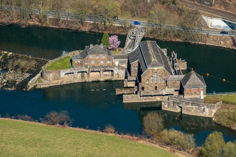 Witten from the bird's eye view: Structure and dams of the waterworks and hydroelectric power plant Hohenstein of innogy SE in Witten in the state North Rhine-Westphalia, Germany