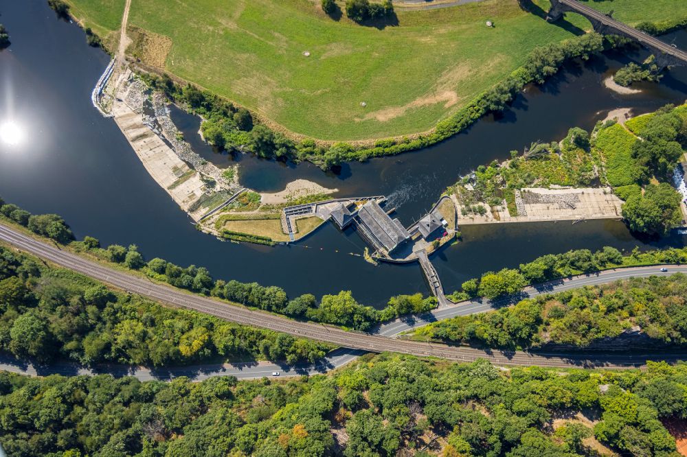 Witten from the bird's eye view: structure and dams of the waterworks and hydroelectric power plant Hohenstein of innogy SE in Witten at Ruhrgebiet in the state North Rhine-Westphalia, Germany