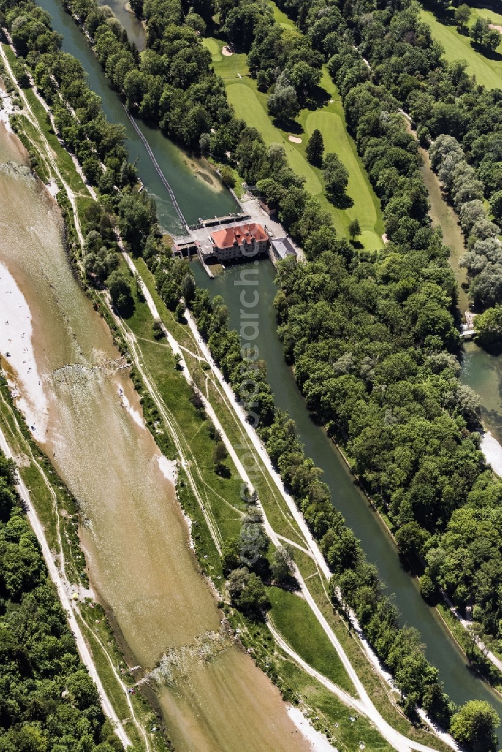 Aerial image München - Structure and dams of the waterworks and hydroelectric power plant Isar 1 on Isar in Munich in the state Bavaria, Germany