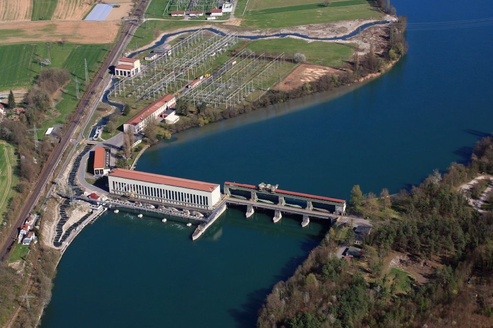 Aerial image Möhlin - Structure and dams of the waterworks and hydroelectric power plant - Kraftwerk Ryburg-Schwoerstadt on Kraftwerkstrasse in Moehlin in the canton Aargau, Switzerland