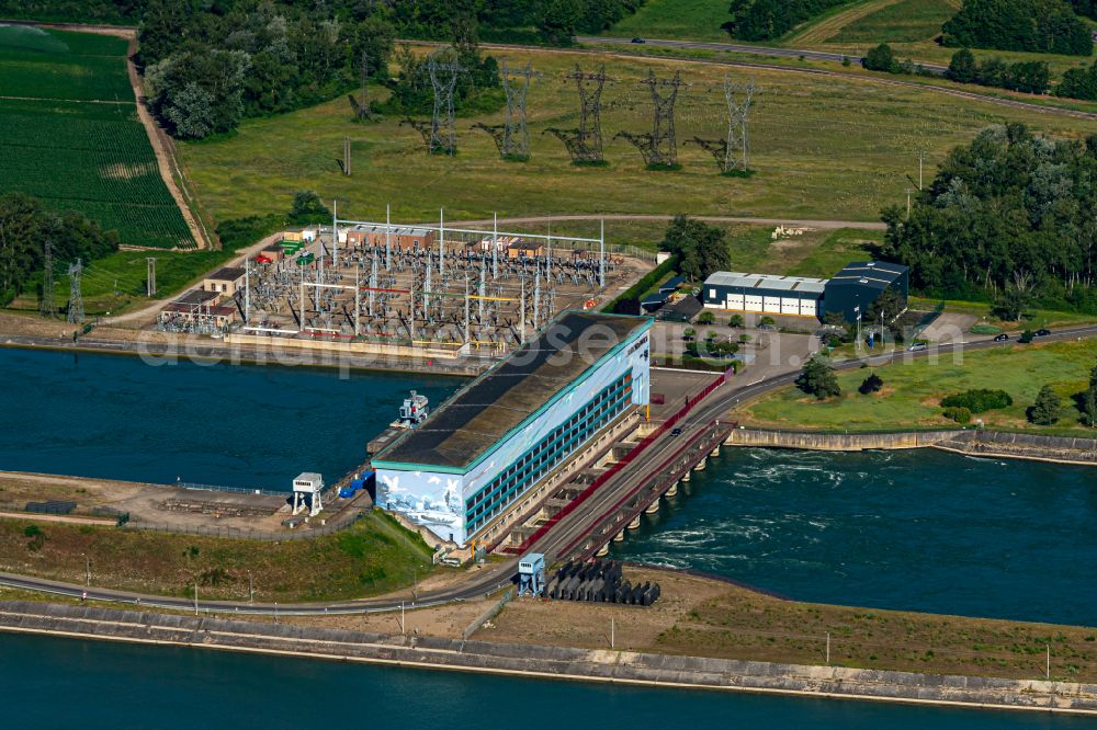 Aerial photograph Marckolsheim - Structure and dams of the waterworks and hydroelectric power plant on rhine River in Marckolsheim in Grand Est, France