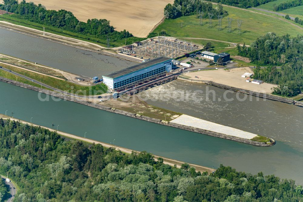 Aerial image Marckolsheim - Structure and dams of the waterworks and hydroelectric power plant on rhine River in Marckolsheim in Grand Est, France
