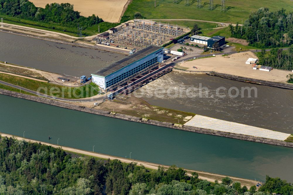 Aerial photograph Marckolsheim - Structure and dams of the waterworks and hydroelectric power plant on rhine River in Marckolsheim in Grand Est, France