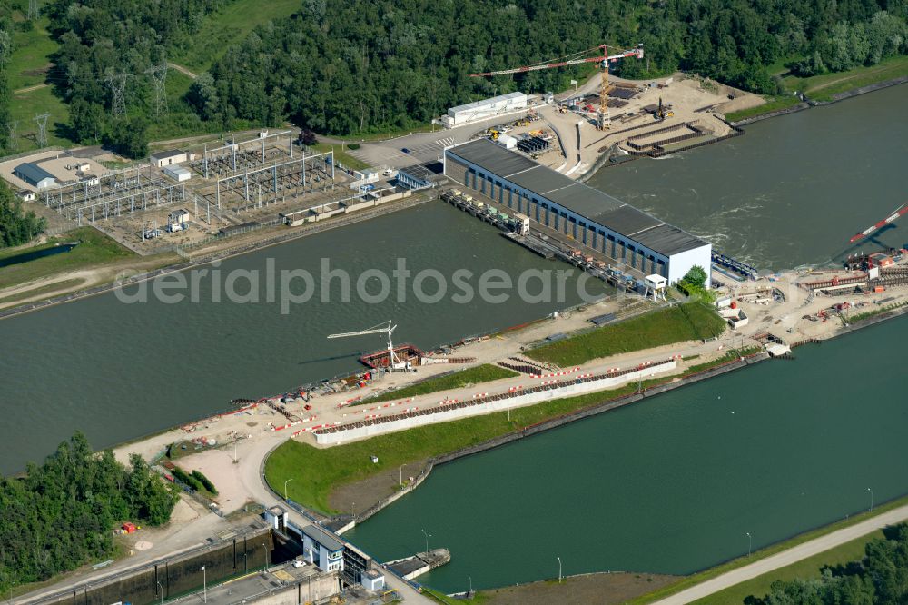 Aerial image Rhinau - Structure and dams of the waterworks and hydroelectric power plant on Rhine on street Route sans nom in Rhinau in Grand Est, France