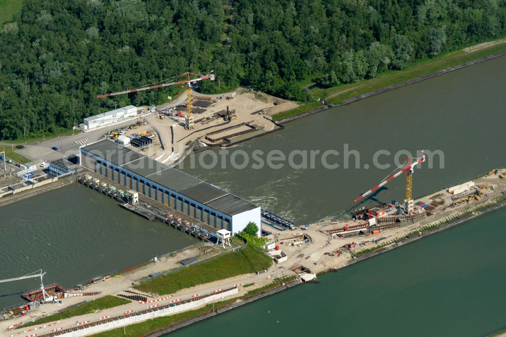 Rhinau from above - Structure and dams of the waterworks and hydroelectric power plant on Rhine on street Route sans nom in Rhinau in Grand Est, France