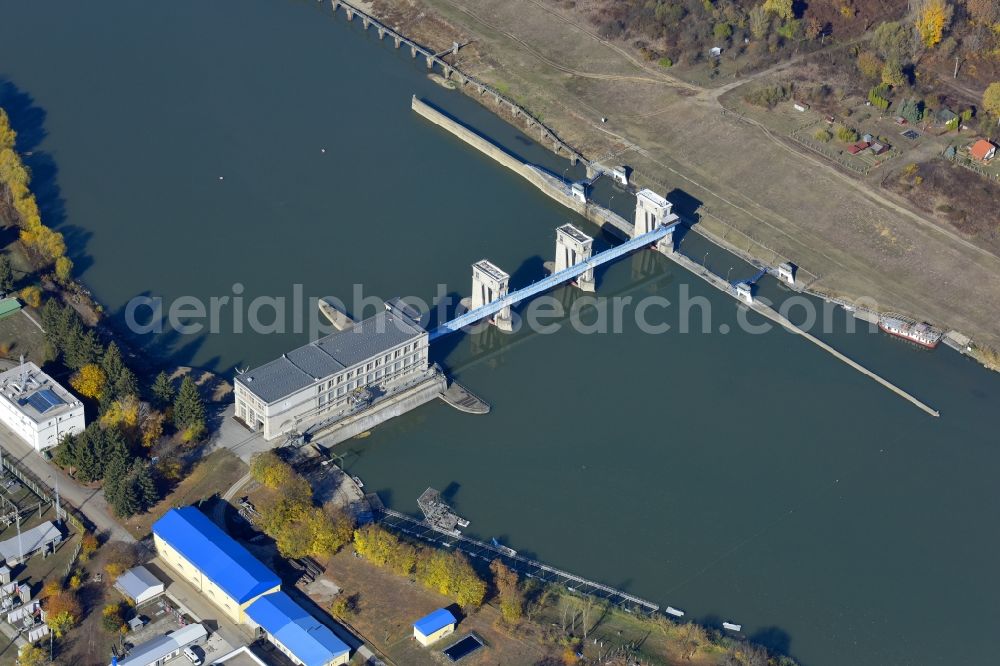 Tiszalök from the bird's eye view: Structure and dams of the waterworks and hydroelectric power plant in Tiszaloek in Szabolcs-Szatmar-Bereg, Hungary