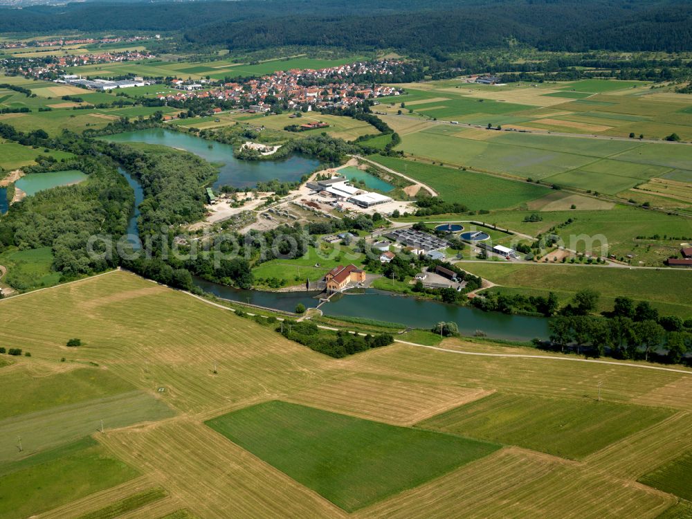 Aerial image Kiebingen - Structure and dams of the waterworks and hydroelectric power station on the banks of the river Neckar on Arthur-Junghans-Strasse in Kiebingen in the state Baden-Wuerttemberg, Germany