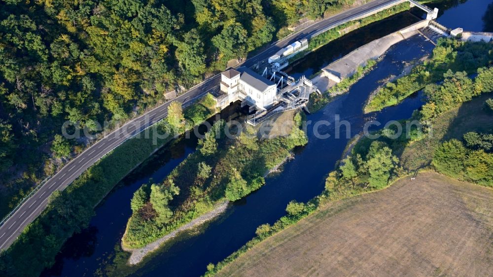 Aerial image Windeck - Structure and dams of the waterworks and hydroelectric power plant Unkelmuehle in the district Alzenbach in Windeck in the state North Rhine-Westphalia, Germany