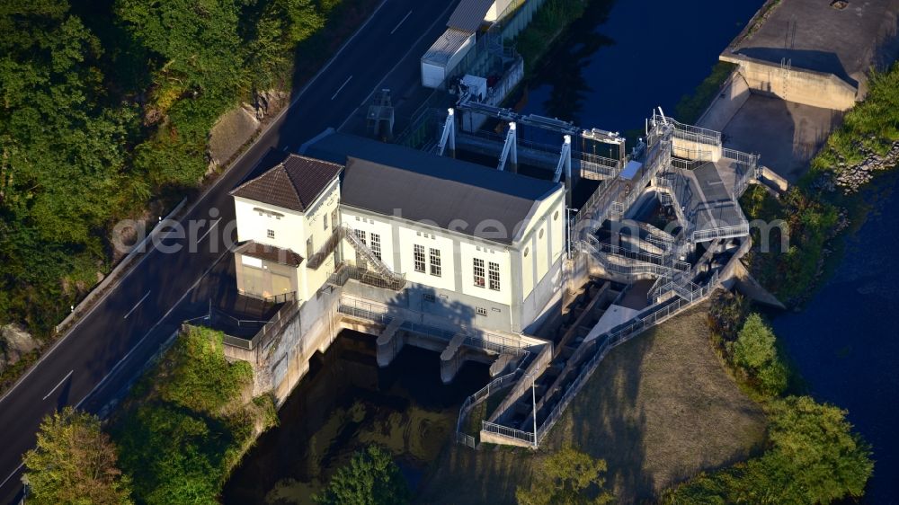 Windeck from above - Structure and dams of the waterworks and hydroelectric power plant Unkelmuehle in the district Alzenbach in Windeck in the state North Rhine-Westphalia, Germany