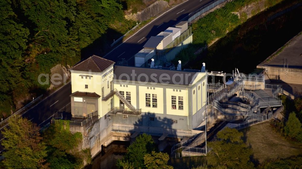 Windeck from above - Structure and dams of the waterworks and hydroelectric power plant Unkelmuehle in the district Alzenbach in Windeck in the state North Rhine-Westphalia, Germany