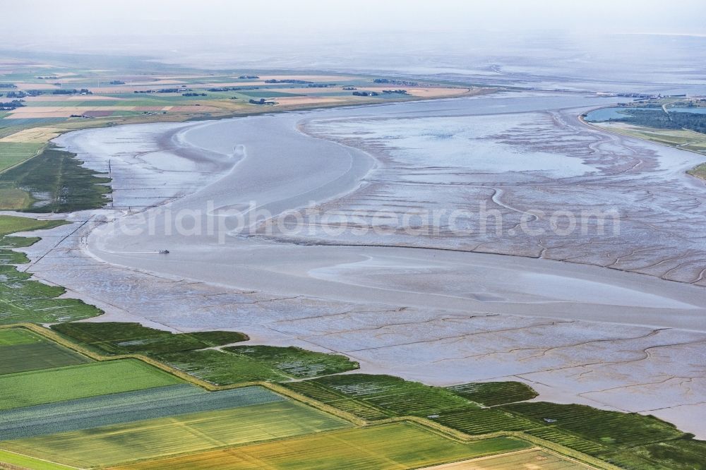 Karolinenkoog from above - Riparian areas with mudflats along the course of the river of Eider in Karolinenkoog in the state Schleswig-Holstein, Germany