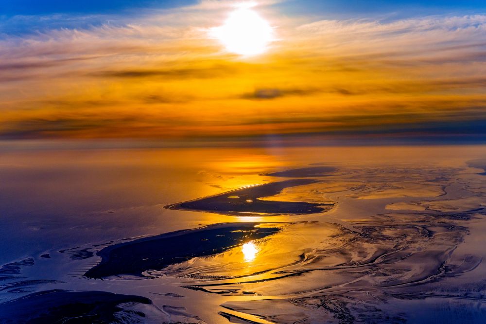 Aerial image Baltrum - Wadden Sea of North Sea Coast at sunrise in Baltrum in the state Lower Saxony, Germany