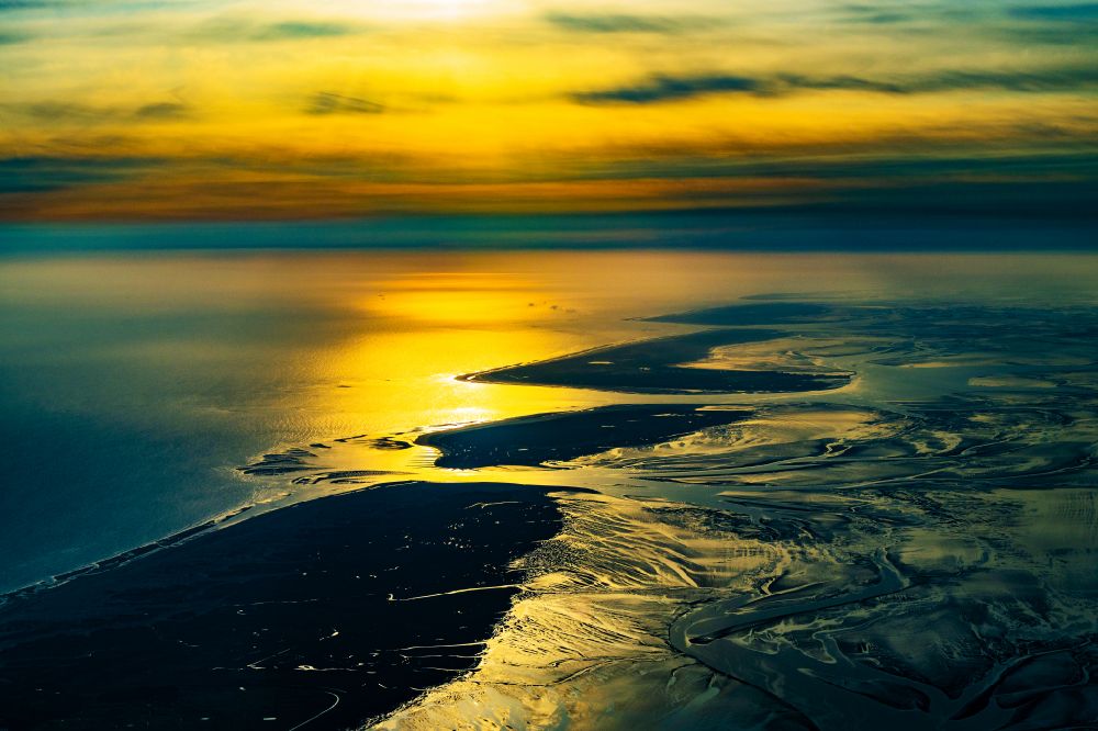 Aerial image Baltrum - Wadden Sea of North Sea Coast at sunrise in Baltrum in the state Lower Saxony, Germany