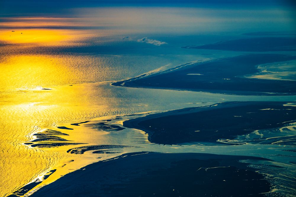 Aerial photograph Baltrum - Wadden Sea of North Sea Coast at sunrise in Baltrum in the state Lower Saxony, Germany