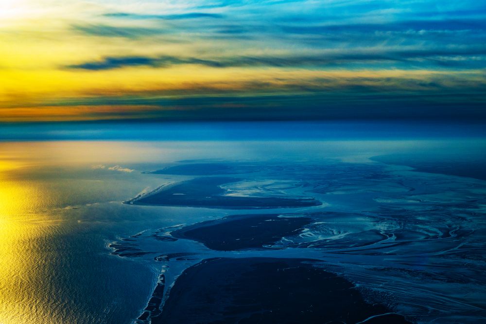 Baltrum from above - Wadden Sea of North Sea Coast at sunrise in Baltrum in the state Lower Saxony, Germany