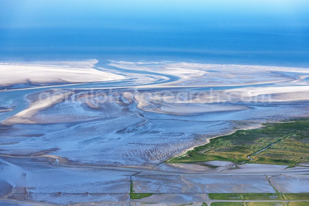 Westerhever from above - Wadden Sea of North Sea Coast in Westerhever in the state Schleswig-Holstein, Germany