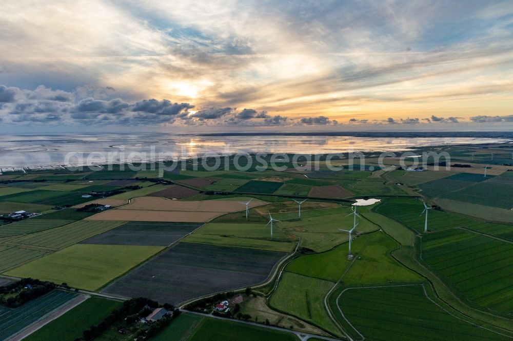 Hedwigenkoog from above - Wadden Sea of North Sea Coast with Windpark in Hedwigenkoog in the state Schleswig-Holstein, Germany