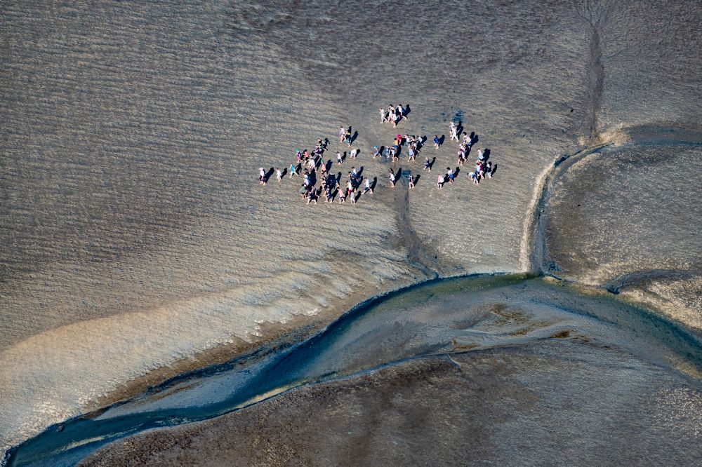 Norderney from the bird's eye view: A group hiking on the Wadden Sea in front of Norderney in the state of Lower Saxony, Germany