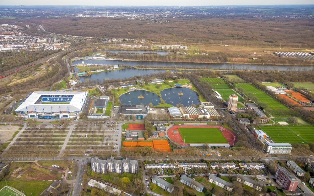 Duisburg from the bird's eye view: Wedau Sportpark with the Schauinsland-Reisen-Arena on Margaretenstrasse in the district Neudorf-Sued in Duisburg in the Ruhr area in the state North Rhine-Westphalia, Germany