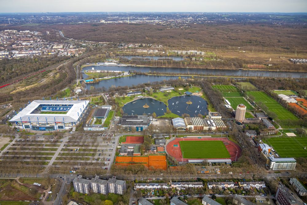 Aerial image Duisburg - Wedau Sportpark with the Schauinsland-Reisen-Arena on Margaretenstrasse in the district Neudorf-Sued in Duisburg in the Ruhr area in the state North Rhine-Westphalia, Germany