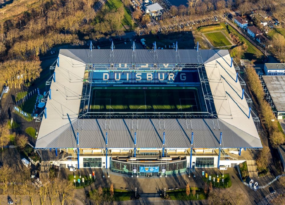 Duisburg from the bird's eye view: Wedau Sports Park with the MSV-Arena (formerly Wedaustadion) in Duisburg in North Rhine-Westphalia