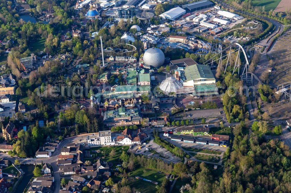 Aerial image Rust - Eurosat CanCan Coaster in the locked down Leisure-Park Europa Park in Rust in the state Baden-Wuerttemberg, Germany