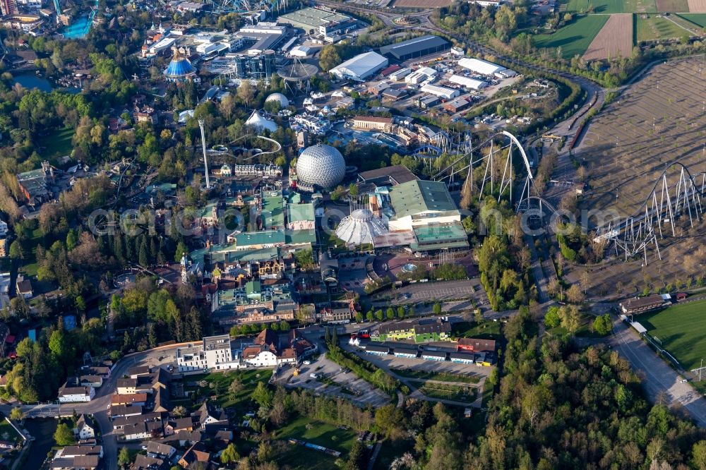 Aerial photograph Rust - Eurosat CanCan Coaster in the locked down Leisure-Park Europa Park in Rust in the state Baden-Wuerttemberg, Germany