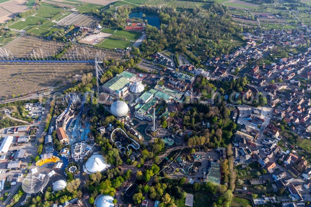Aerial photograph Rust - Eurosat CanCan Coaster in the locked down Leisure-Park Europa Park in Rust in the state Baden-Wuerttemberg, Germany
