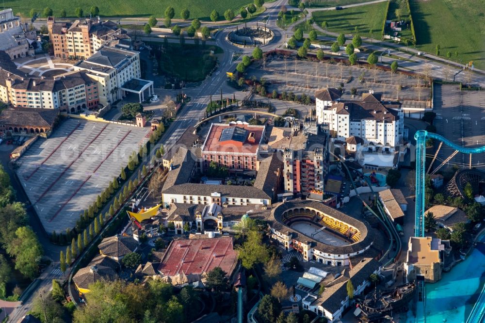 Aerial photograph Rust - 4 Start Adventure hotel El Andaluz at the Spanish Arena of the locked down Leisure-Park Europa Park in Rust in the state Baden-Wuerttemberg, Germany