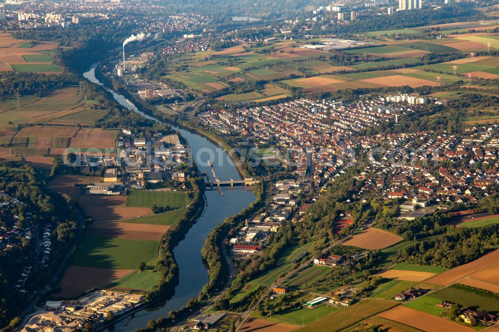 Aldingen from above - Weir on the banks of the flux flow of Neckar in Aldingen in the state Baden-Wuerttemberg, Germany