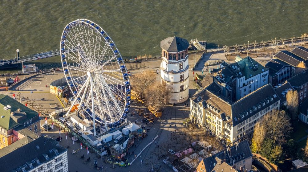 Aerial photograph Düsseldorf - Christmas market event area with ferris wheel on Burgplatz in the district Altstadt in Dusseldorf in the Ruhr area in the state North Rhine-Westphalia, Germany