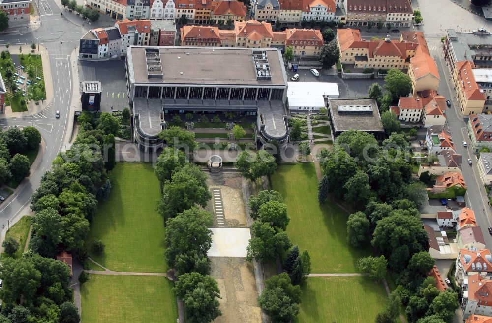 Weimar from above - The Weimar hall, a modern conference hall for conventions and concerts located at UNESCO's place in Weimar in Thuringia right next to the Weimarhallenpark. In the home row behind the new building, the City Museum is located in Bertuchhaus
