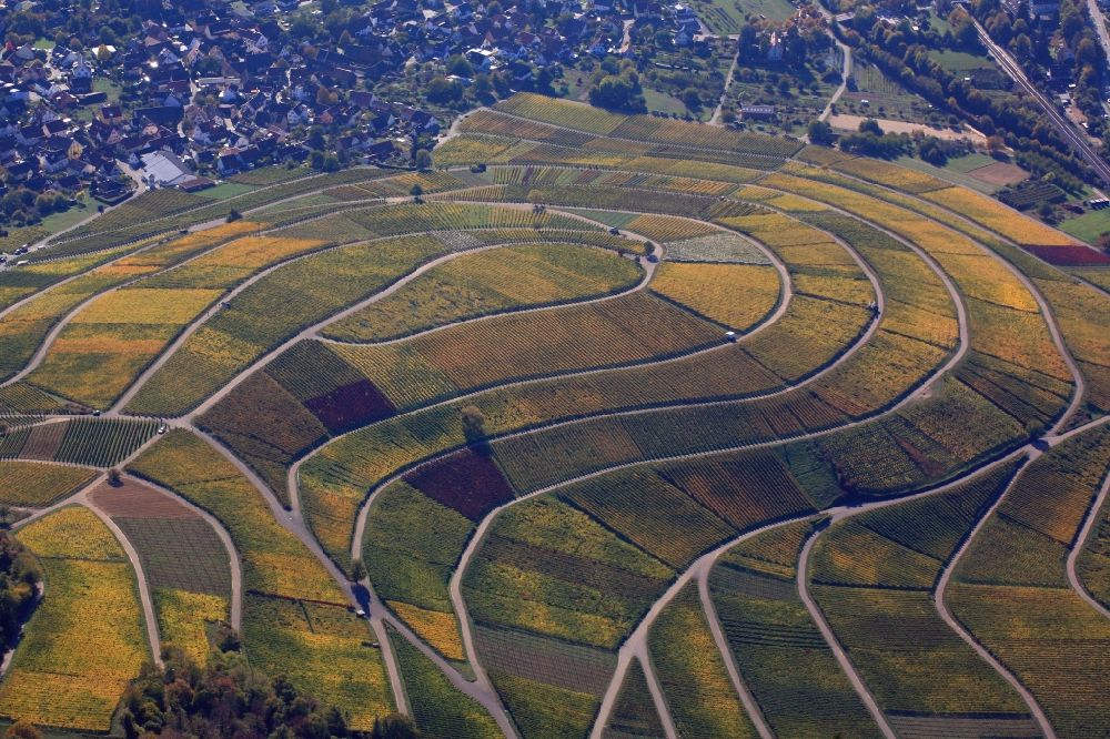 Ebringen from above - Autumn in the vineyard Sonnenberg with structures of the roads to grow the vine of Baden the in Ebringen in the state Baden-Wuerttemberg, Germany