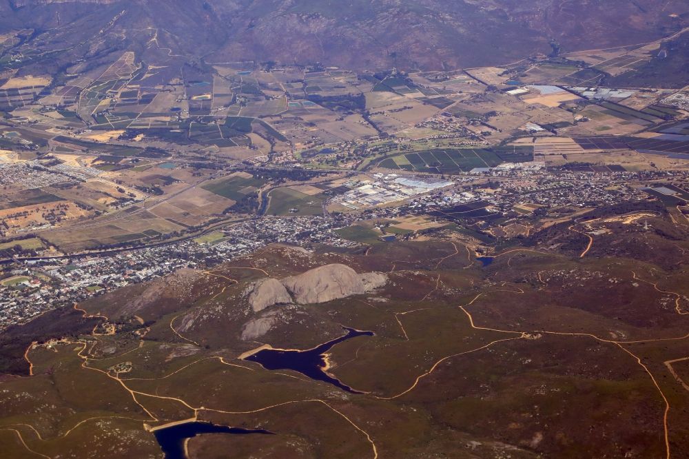 Aerial image Paarl - Agricultural landscape in the vineyard area in Paarl, in the district Cape Winelands in Romansrivier in Western Cape, South Africa