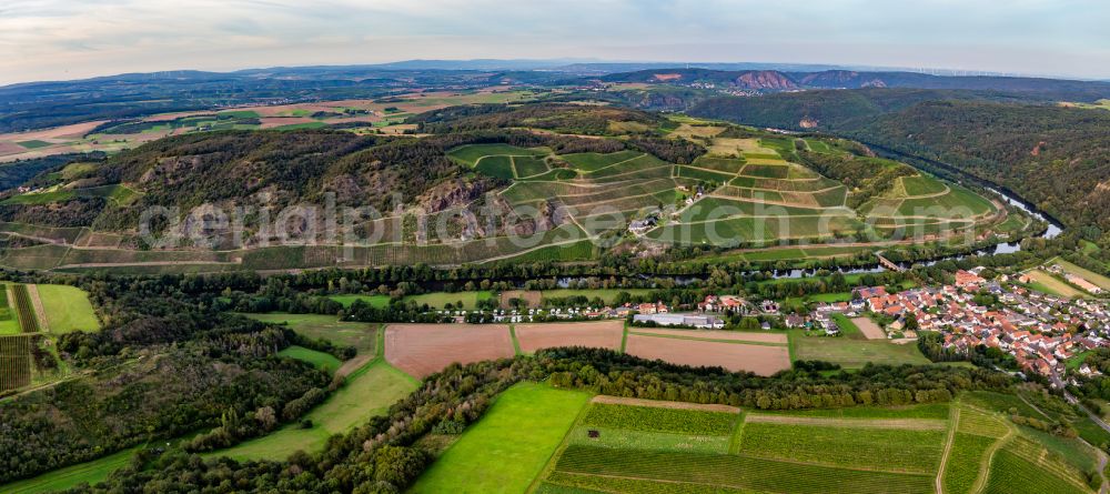 Aerial photograph Niederhausen - Vineyard landscape of the Hermannsberg winegrowing areas with vineyards in a steep position above the river Nahe in Niederhausen in the state Rhineland-Palatinate, Germany