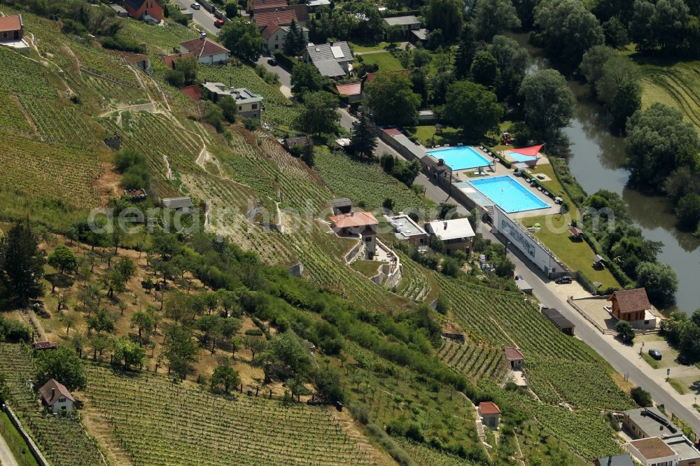 Aerial image Freyburg (Unstrut) - Fields of wine cultivation landscape overlooking the Schwimmbad Freyburg along the Unstrut in Freyburg (Unstrut) in the state Saxony-Anhalt, Germany