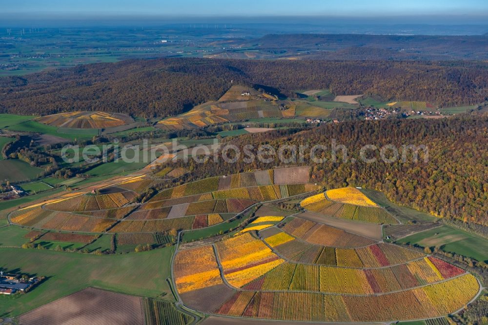 Oberschwarzach from the bird's eye view: fields of wine cultivation landscape in Oberschwarzach in the state Bavaria, Germany
