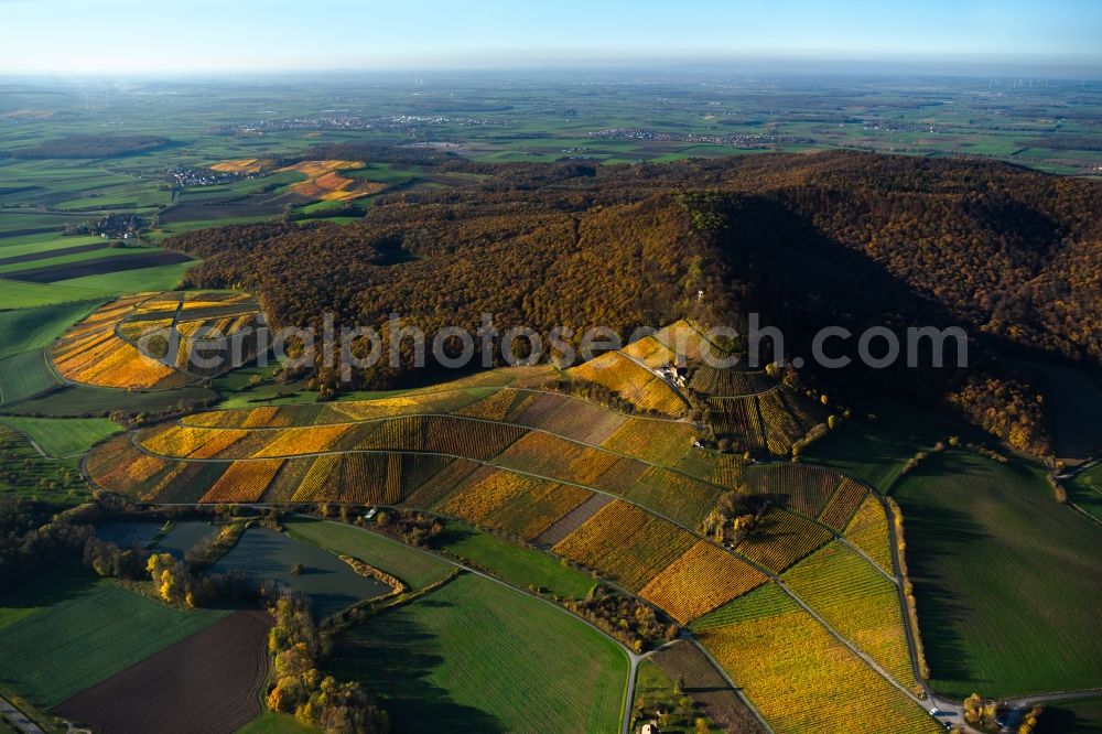Oberschwarzach from above - fields of wine cultivation landscape in Oberschwarzach in the state Bavaria, Germany