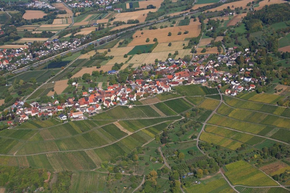 Weil am Rhein from above - Fields of wine cultivation landscape in the district Oetlingen in Weil am Rhein in the state Baden-Wurttemberg, Germany