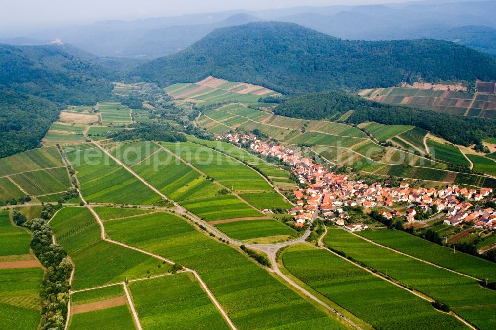 Ranschbach from above - Fields of wine cultivation landscape in Ranschbach in the state Rhineland-Palatinate