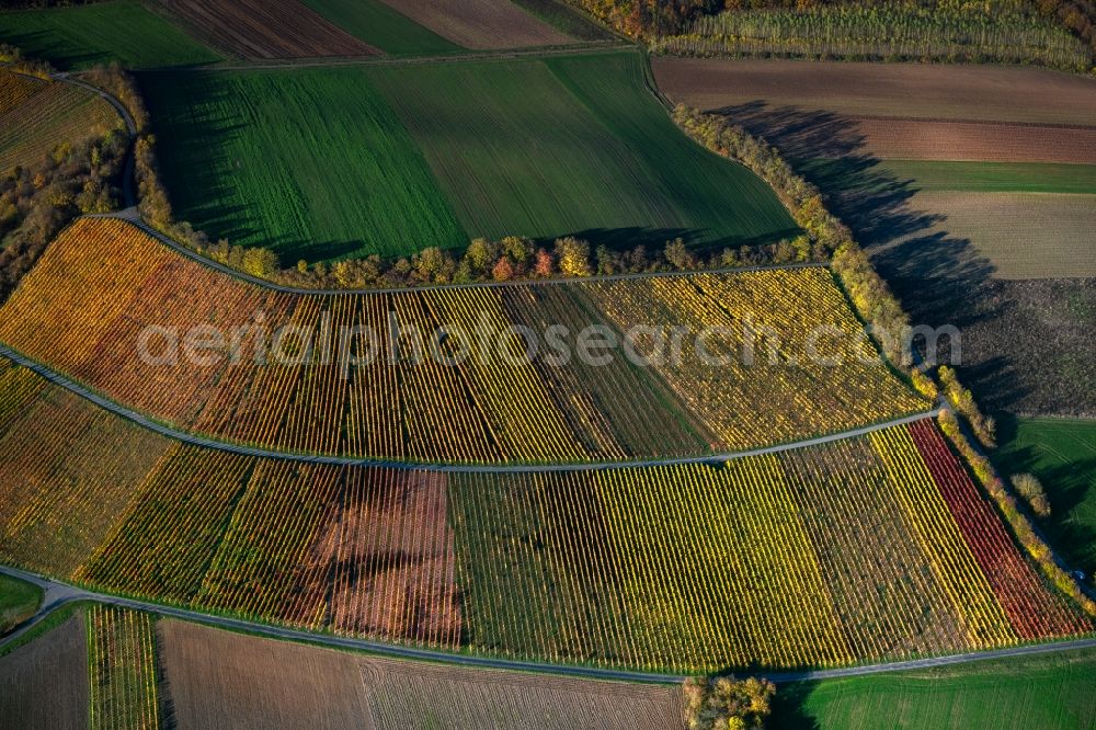 Wiebelsberg from the bird's eye view: fields of wine cultivation landscape in Wiebelsberg in the state Bavaria, Germany