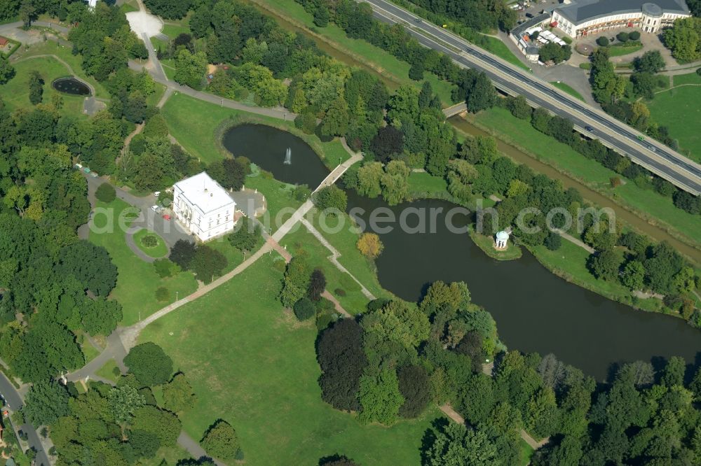 Markkleeberg from above - White House in agra-park in Markkleeberg in the state of Saxony. The landmark is used as an events location and the civil registry office
