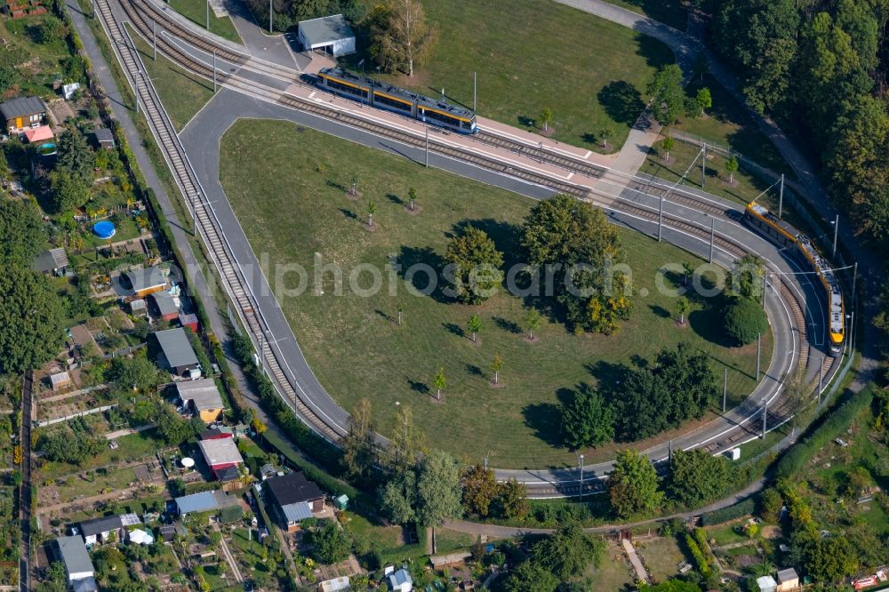 Aerial photograph Leipzig - Turning loop of the local transport and tram tram of the municipal transport company in the district Loessnig in Leipzig in the state Saxony, Germany