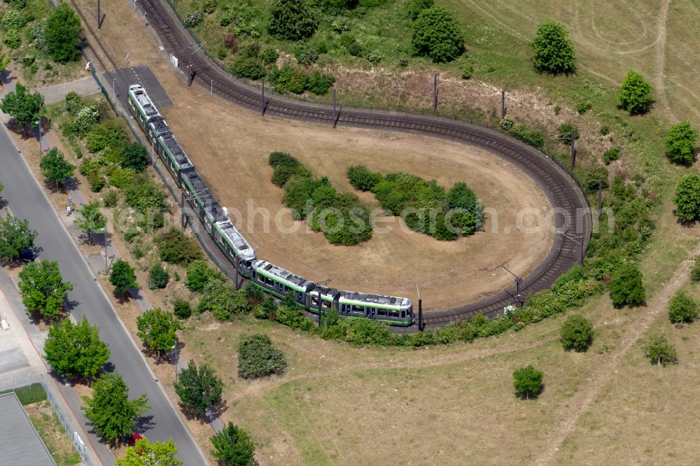 Hannover from above - Turning loop of the tram of the municipal transport company on the exhibition grounds in the district Bemerode in Hanover in the state Lower Saxony, Germany