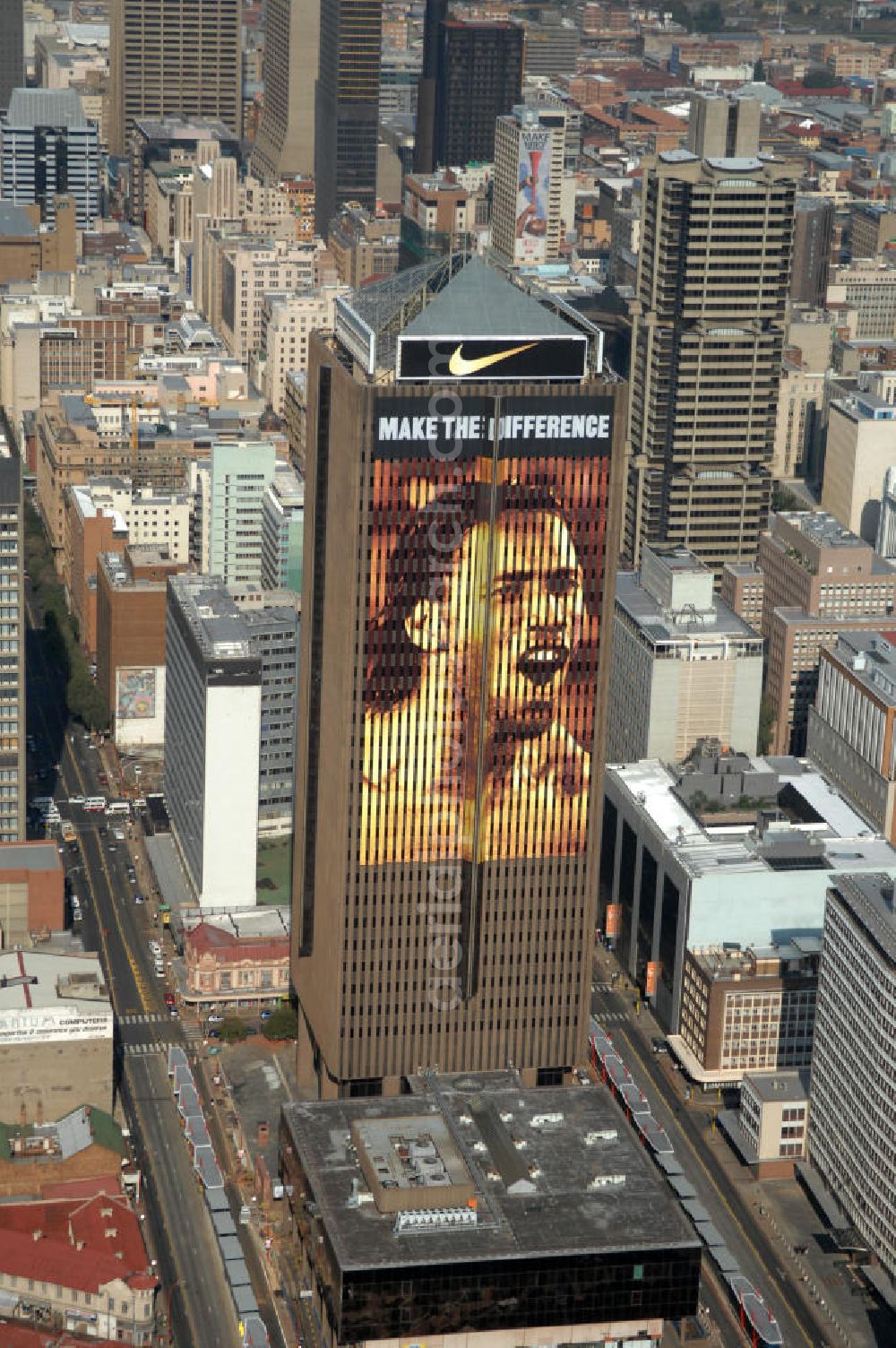 Aerial image JOHANNESBURG - Advertisement of the sports company Nike at the front of the Southern Life Center or African Eagle Life Centre in Johannesburg, South Africa. The skyscraper serves as an office and commercial building