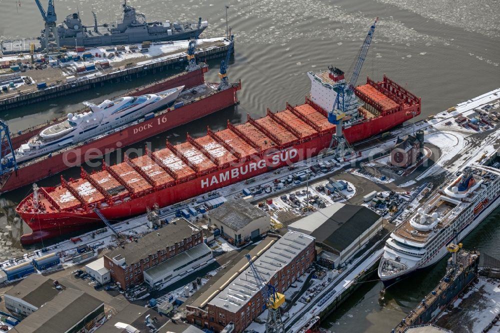 Aerial image Hamburg - Shipyard with shipbuilding of Blohm + Voss Dock Elbe with AIDA mar in Hamburg, Germany