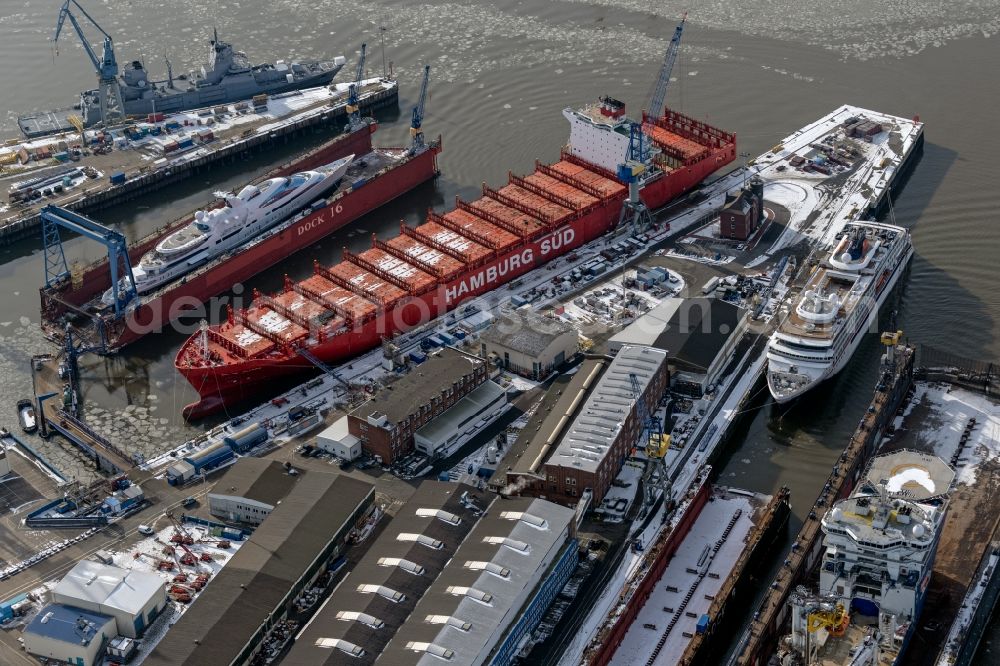 Hamburg from the bird's eye view: Shipyard with shipbuilding of Blohm + Voss Dock Elbe with AIDA mar in Hamburg, Germany